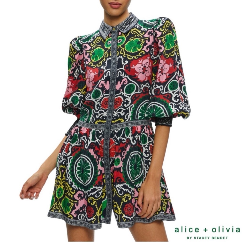 Alice + Olivia Bertha Blouson Sleeve Mini Dress in Monarch Black Print - Picture 2 of 8